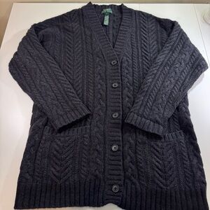 Lauren Ralph Lauren Women Cable Knit Cardigan Navy M. Wool Angora Cashmere Sz Lg